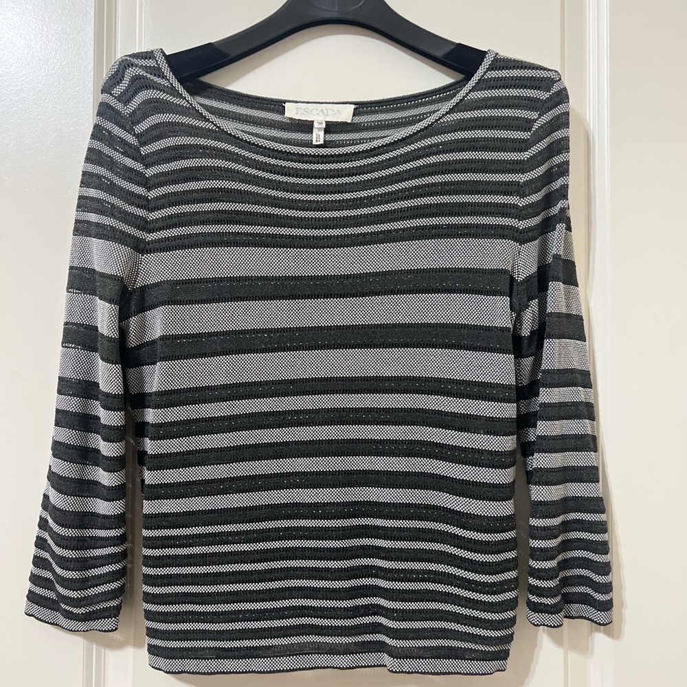 Escada Black and Gray Sparkling Striped Top